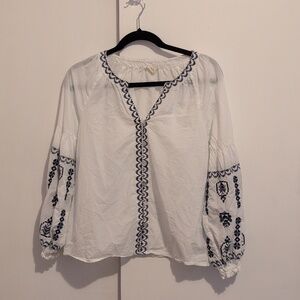 Artelier Nicole Miller New York 100 Percent Cotton Top with Blue Embroidery XS